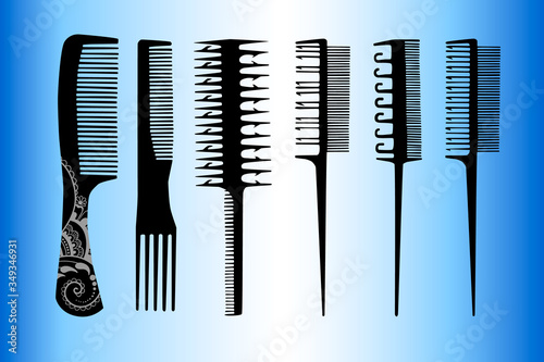 Set of combs. Looped bristle brush, paddle brush, rattail comb. Vector illustration.	