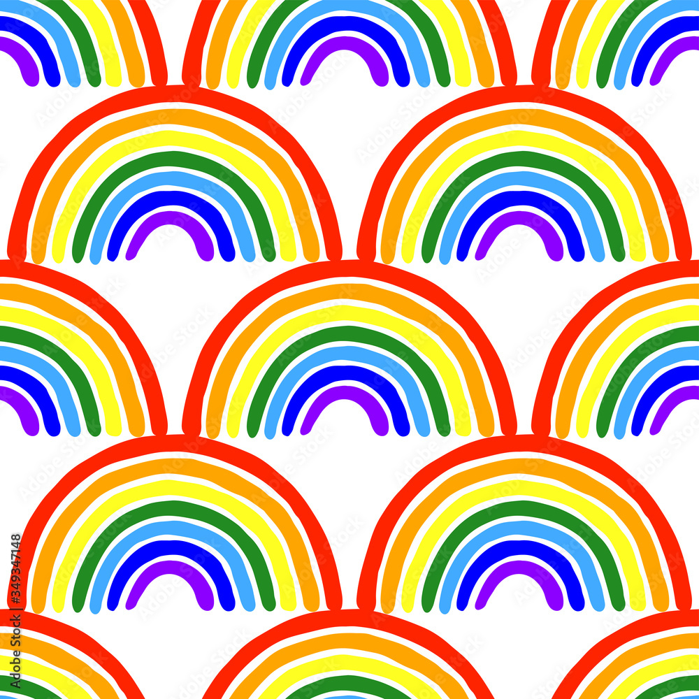 Obraz premium Beautiful cartoon rainbow isolated on white background. Cute childish seamless pattern. Hand drawn vector graphic illustration. Texture.