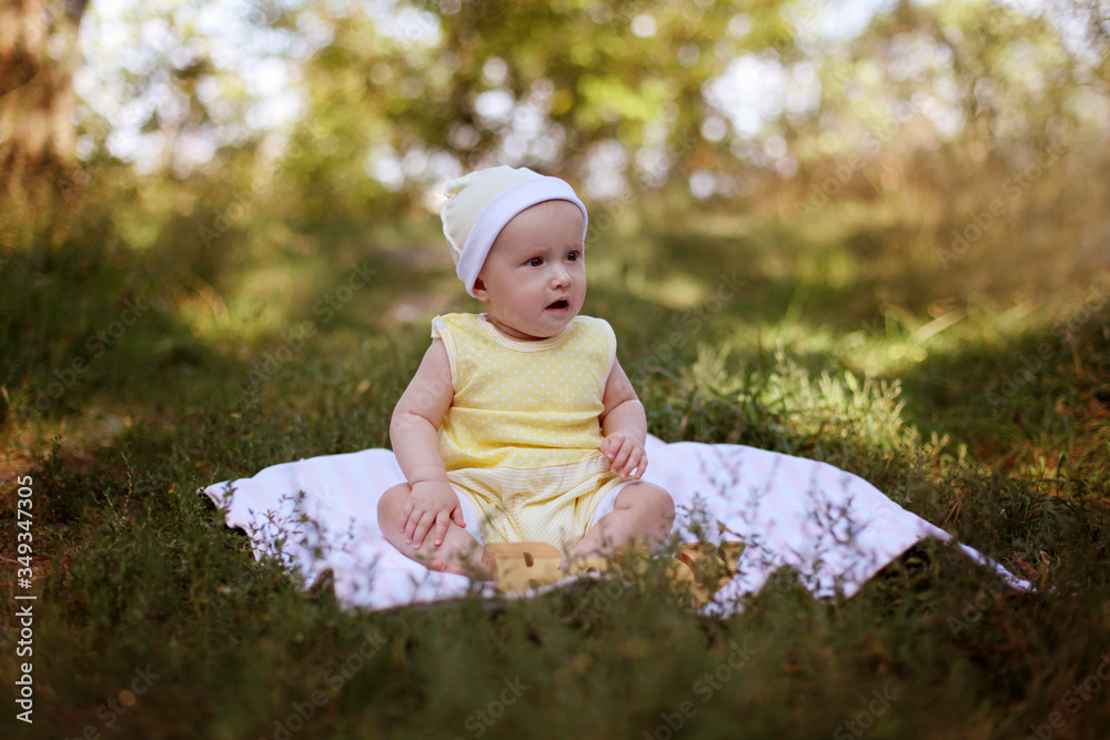 Little baby girl Caucasian ethnicity blond one year old from birth sits on a plaid on green grass in the park. Child picnic in the autumn forest. Selective focus. Medium sharp. Little baby girl Caucasian ethnicity blond one year old from birth sits on a plaid on green grass in the park. Child picnic in the autumn forest. Selective focus. Medium sharp.