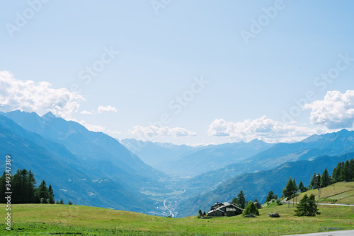 Panoramic view of Saint-Vincent in the autonomous region of Valle d'Aosta. A mountain pass from the Aosta Valley to the Ayas Valley, Italy