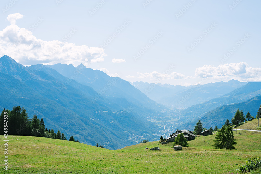 Panoramic view of Saint-Vincent in the autonomous region of Valle d'Aosta. A mountain pass from the Aosta Valley to the Ayas Valley, Italy