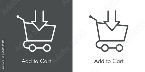 Símbolo comercio electrónico. Icono plano lineal texto Add to Cart con carrito de la compra con flecha en fondo gris y fondo blanco