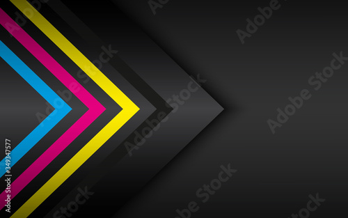 Cmyk arrows on black metal background. Abstract modern vector template with place for your text. Material design widescreen background
