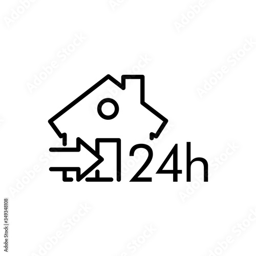 Símbolo entrega de pedido de compra. Icono plano lineal texto 24h en casa con flecha en color negro