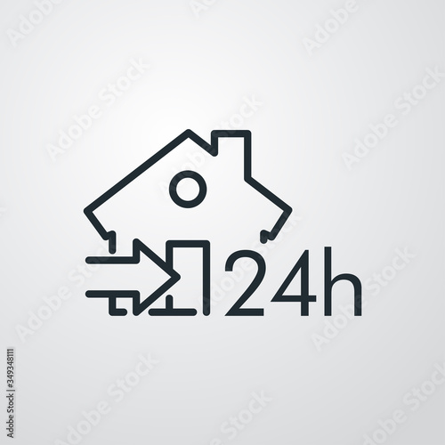 Símbolo entrega de pedido de compra. Icono plano lineal texto 24h en casa con flecha en fondo gris