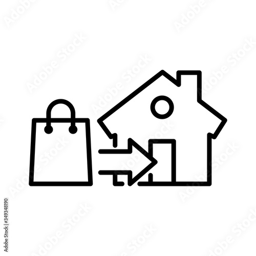 Símbolo entrega de pedido de compra. Icono plano lineal bolsa de compra con flecha y casa en color negro