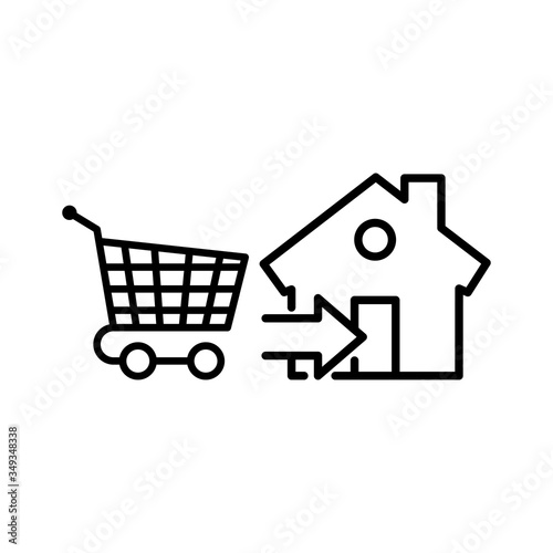 Símbolo entrega de pedido de compra. Icono plano lineal carrito de la compra con flecha y casa en color negro