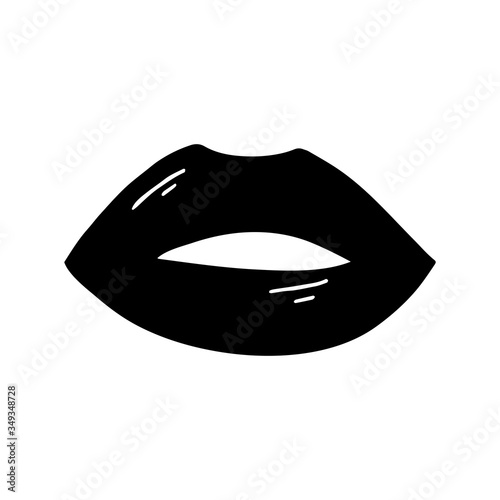 Flat doodle black open lips with flare. Isolated on white background. Vector stock illustration.