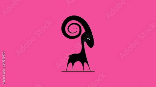 The appearance of the logo of the zodiac sign Aries. A cute black lamb with a large winding horn, on thin legs, appears and wags its tail and blinks its eyes. Stylish cartoon ram. Black sheep.