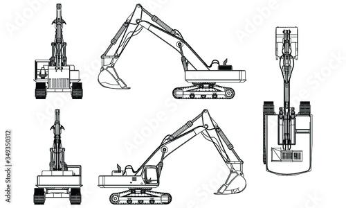 Excavator outline vector. Special machines for the building work.