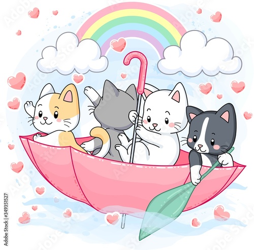 Cute pastel kittens sailing inside an umbrella with rainbow