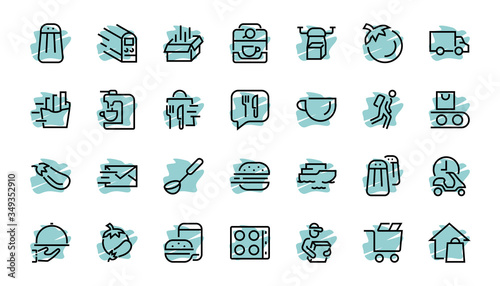 PIZZA DELIVERY, and Food Icon Set Vector thin line, contains courier, home delivery, food ordering, fast transport, drone, ship, car, editable stroke. ICONS circuits