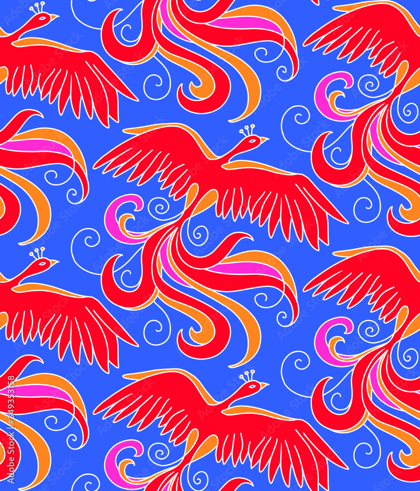 Mythical bird Phoenix (Fire bird). Seamless pattern element. Vector illustration.