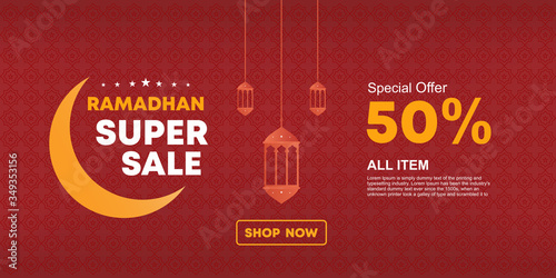 Ramadan super sale banner vector. Template for promotion and web advertisement. Red and gold colors. Luxury and elegant design with discount offer, eps 10.