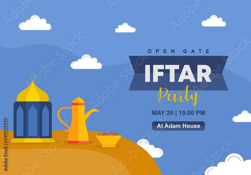 Ramadan Iftar Party with food and drink. Celebration design template with arabian style. Vector illustration elements for middle east Islamic community.