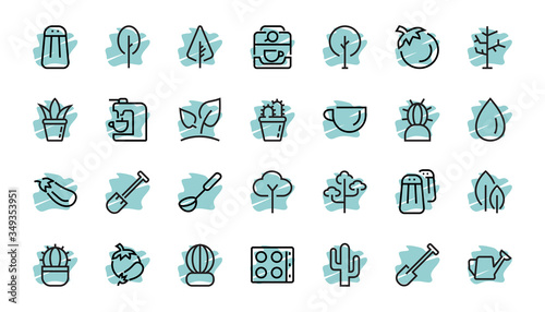 A set of Rosteniya Icons, and garden care, Vector illustration, Contains Icons such as tree, cactus, watering can, spade, flower and much more. on a white background, editable bar 480x480