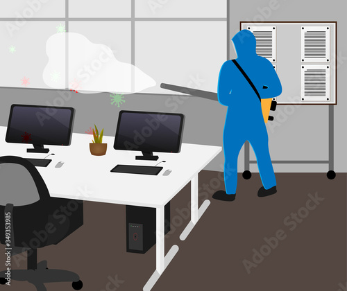 Illustration vector graphic of Disinfectant worker tries to cleaning the office, sterilization coronavirus or COVID-19.