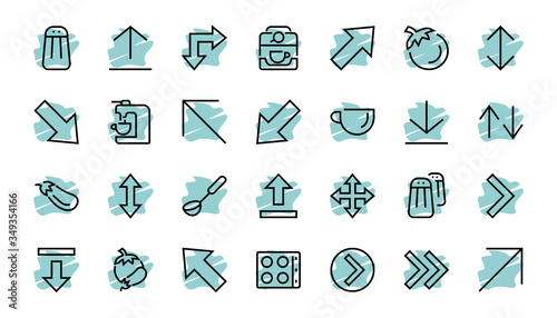 Set of line arrows, directions, arrows, contains icons such as pause, continuation, directly, to the right, Editable stroke. 480x480, On a white background, Vector illustration