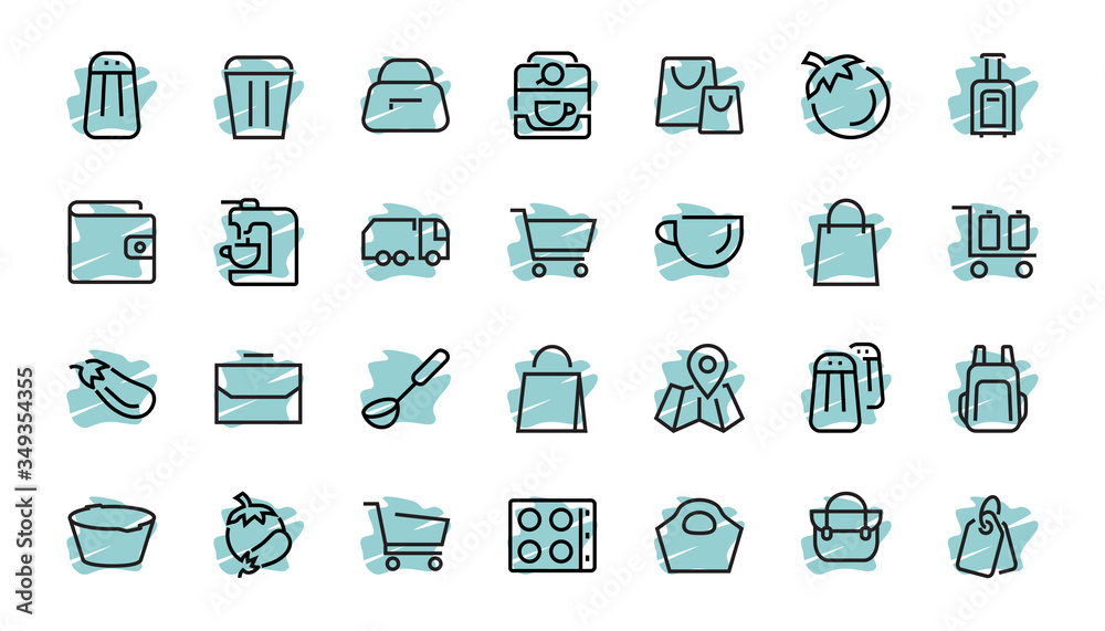 Simple set of bags, shopping and travel icons. Vector illustration Contains icons such as Card, wallet, shopping basket, discount, bowl, package. On a white background, editable stroke