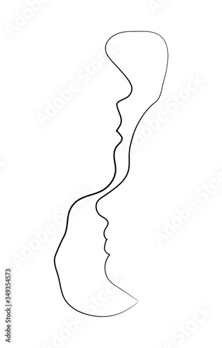 Fine one line drawing abstract two faces. Minimalism art, aesthetic contour. Single line couple portrait. Modern minimalist vector illustration