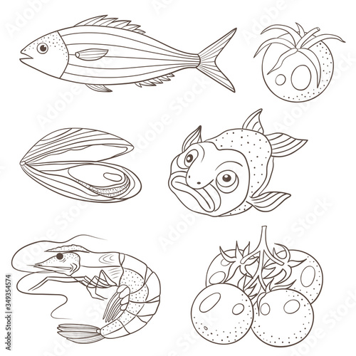 Vector graphic illustration with sea food and tomatoes on a white background