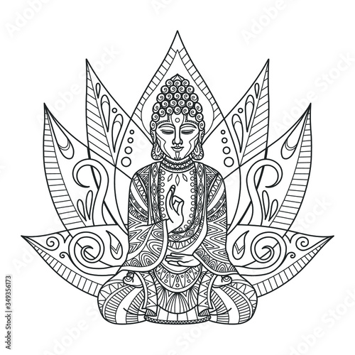 Buddha sitting in the Lotus position. Page of coloring book. Vector illustration.