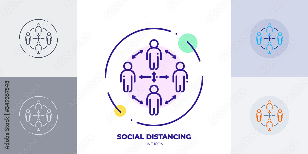 Social distancing line art vector icon. Outline symbol of preventive measures. Health protection pictogram made of thin stroke. Isolated on background. Social distancing line art vector icon. Outline symbol of preventive measures. Health protection pictogram made of thin stroke. Isolated on background.