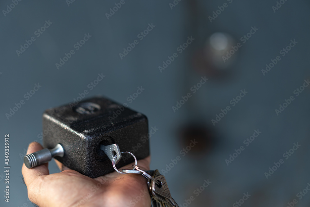Lock on the door with garage keys Lock on the door with garage keys