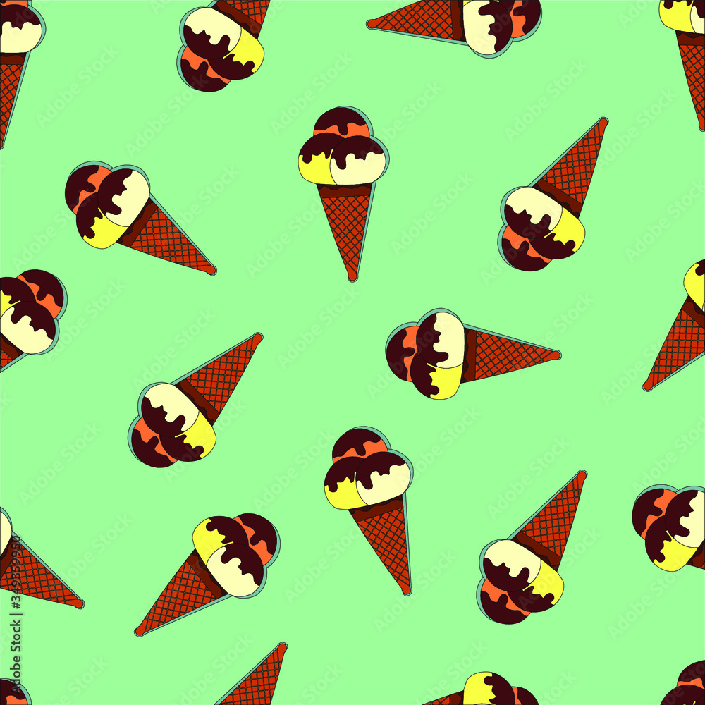 colorful ice cream in a waffle cone. on a green background. pattern