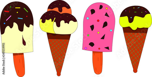 ice cream with colorful decoration in a waffle cone and on a stick