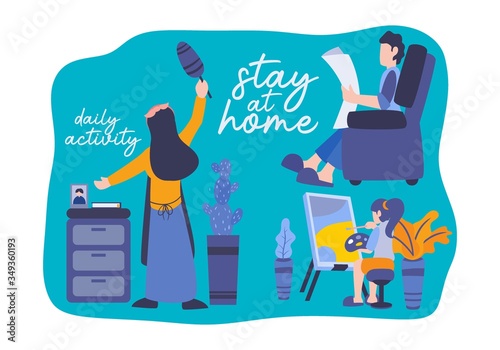 Stay at home set daily activities. People reading news paper, painting, and cleaning. Collections of human interest in house.