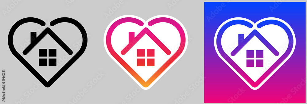 Set of stay home icons with heart and house inside. Set of stay home icons with heart and house inside.