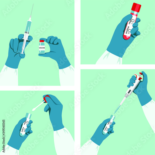
Testing saliva for the presence of coronavirus. Blood testing for antibodies. Laboratory analysis of biomaterial. Test tube with a sample of saliva and blood. A vaccine and a syringe in the hands 