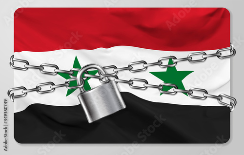 The metal chain and padlock with flag of the Syrian Arab Republic, isolated on gray background. Concept of protection, restrictions, sanctions and quarantine. Vector illustration