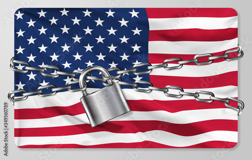 The metal chain and padlock with flag of the United States of America, isolated on gray background. Concept of protection, restrictions, sanctions and quarantine. Vector illustration