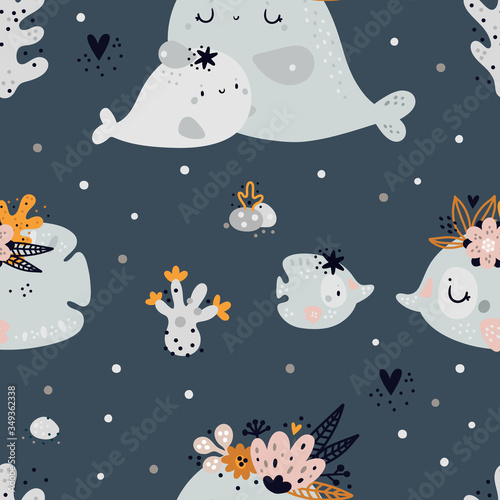 Seamless childish pattern with cute baby sea or ocean fish and whale animals. Children background. Creative kids texture for print, digital paper, textile, fabric,room decor, wrapping paper pattern
