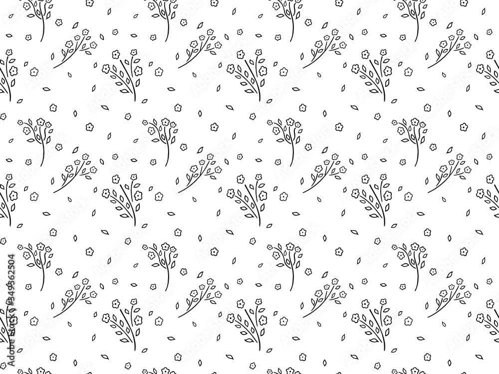 Seamless pattern of black contour hand-drawn abstract flowers, individual buds and leaves on a white background. Botanical texture in the Scandinavian style. For fabric, clothing, wallpaper. Vector.