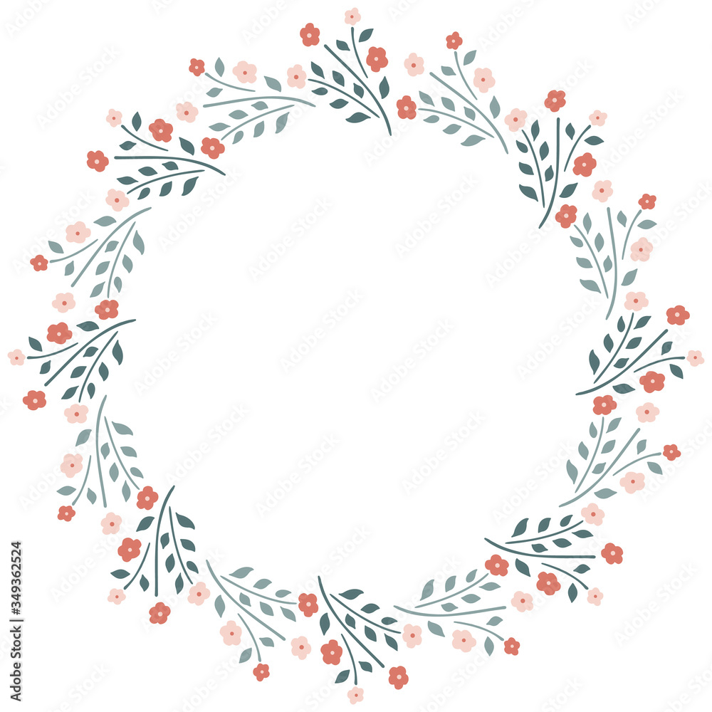 Round floral frame of small flower bushes in delicate flowers in the Scandinavian style on a white background. Botanical wreath for graphic design, greeting card, banner, wedding invitation. Vector. Round floral frame of small flower bushes in delicate flowers in the Scandinavian style on a white background. Botanical wreath for graphic design, greeting card, banner, wedding invitation. Vector.