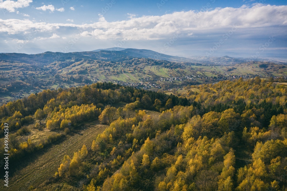 Fototapeta premium Iwkowa village country in Brzesko Poland. Polish mountains and hills aerial drone photo