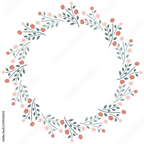Round floral frame of small flower bushes in delicate flowers in the Scandinavian style on a white background. Botanical wreath for graphic design, greeting card, banner, wedding invitation. Vector.