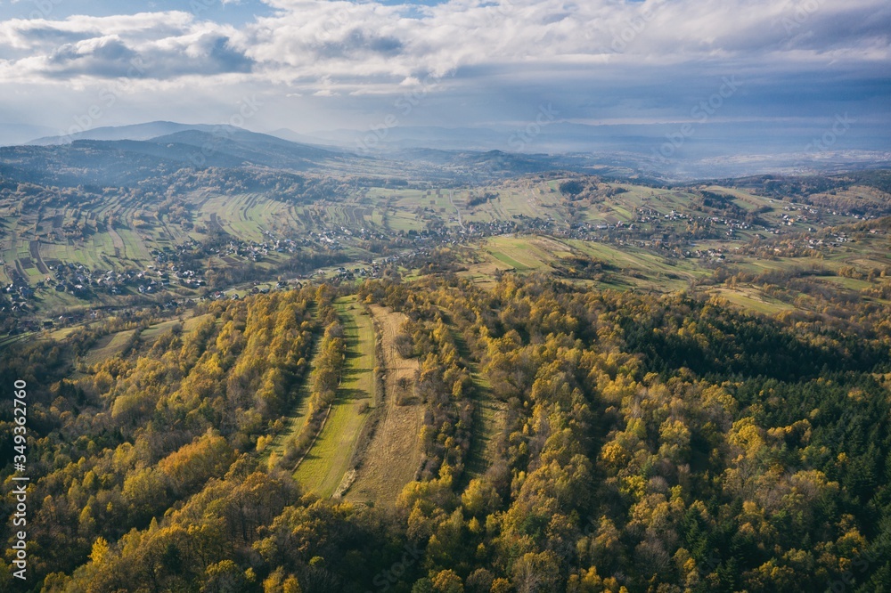 Fototapeta premium Iwkowa village country in Brzesko Poland. Polish mountains and hills aerial drone photo