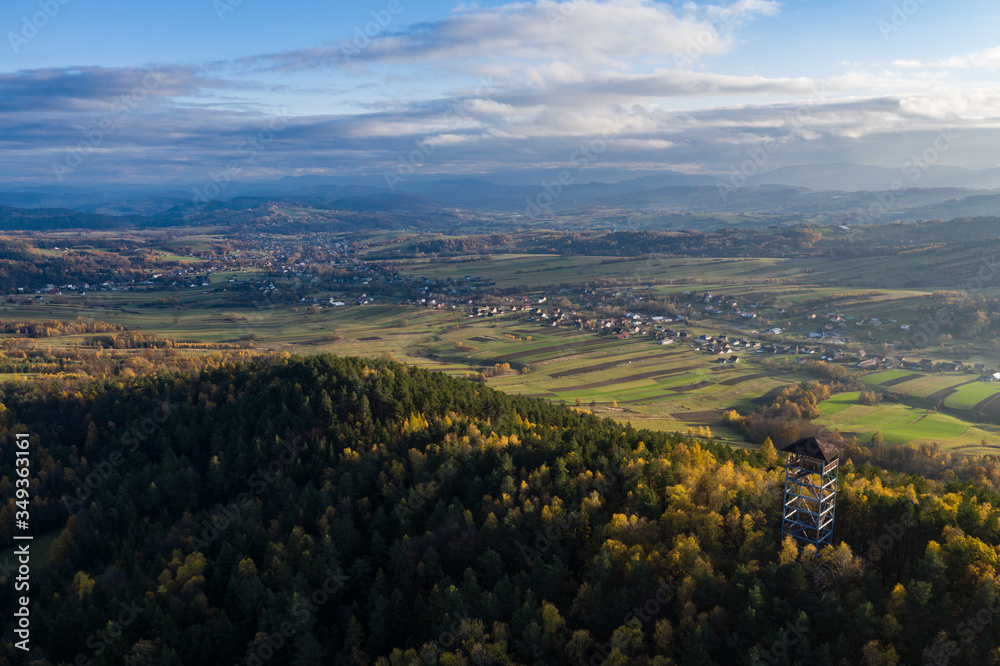 Fototapeta premium Iwkowa village country in Brzesko Poland. Polish mountains and hills aerial drone photo