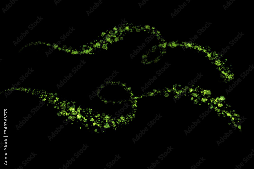 abstract Eco fresh green field wavy line made of drawing leaves isolated on black background. Spring healthy illustration overlay