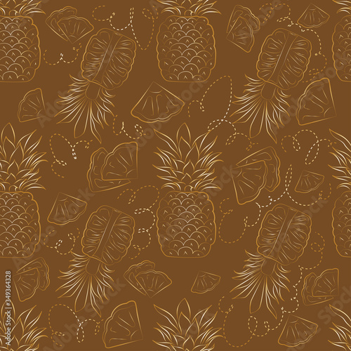 Vector seamless pattern with golden pineappels on a chocolate background.