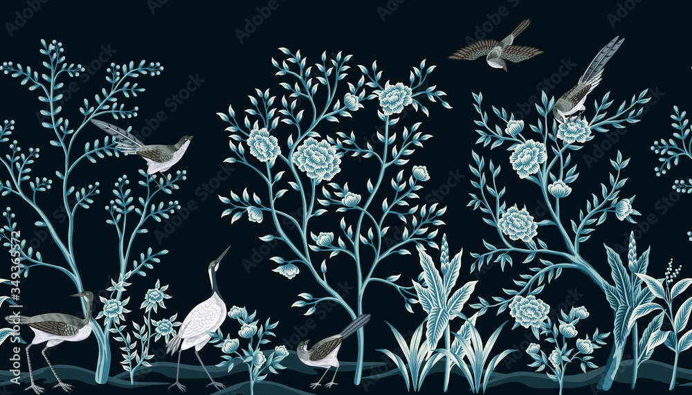 Papier peint photo avec Chinoiserie vintage grues oiseaux jardin noir #349365572