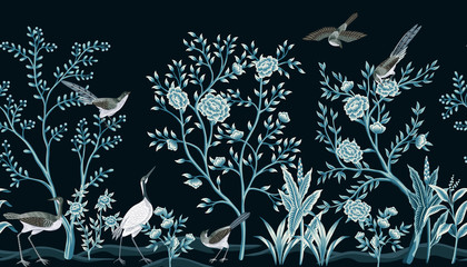 Fototapete Vintage botanische Landschaft Chinoiserie Vintage Garten Kraniche Schwarz  © good_mood