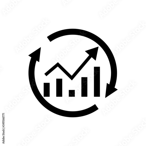 a growth chart with circular arrows in black flat design on white background, continuous improvement concept