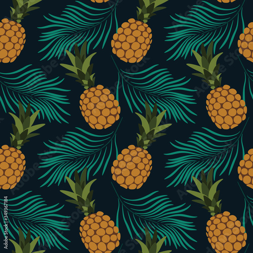 seamless repeating pattern with tropical leaves and pineapples. vector illustration
