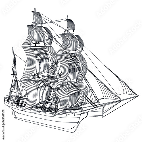 Sailing ship, sailboat isolated on white background. Old sailing for sailing sport, ocean cruise, marine trip.