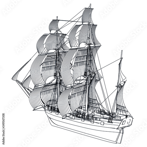 Sailing ship, sailboat isolated on white background. Old sailing for sailing sport, ocean cruise, marine trip.